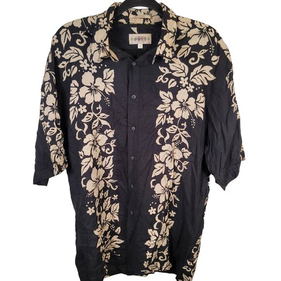 Vintage Campia Moda Men’s Large Hawaiian Shirt Short Sleeve Black & Cream Rayon - Picture 1 of 4